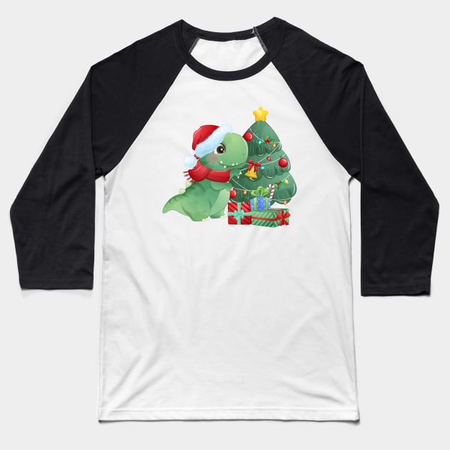 Cute Christmas T Rex Dinosaur With Christmas Tree And Gift Boxes Baseball T-Shirt by P-ashion Tee